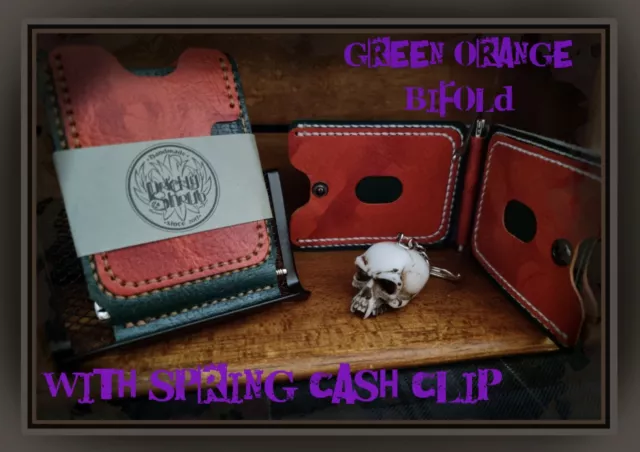 Green/Orange Bi-fold Leather Veg Tan Wallet With Cash Clip