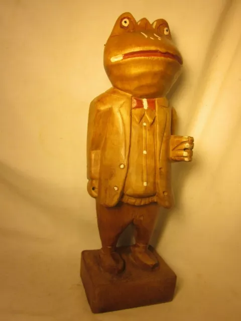 large carved vintage wooden frog statue standing bow tie suit figure carving