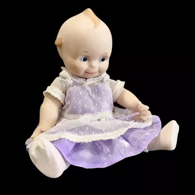 Vintage Porcelain Kewpie Doll Jointed Arms Legs No Makers Mark Purple Dress 10”