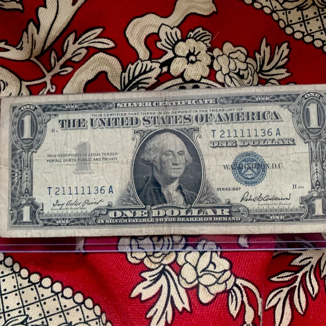 1$ dollar silver certificate 1957 Blue Seal Serial 21111136 quintuple 5 In A Row