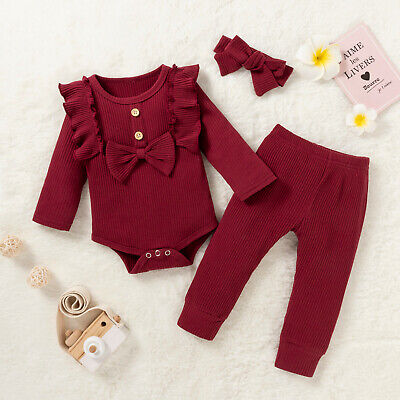 Newborn Neonato Baby Ragazze Manica Lunga Tinta Unita a Costine con fiocco Romper + Pants Outfit Set 3