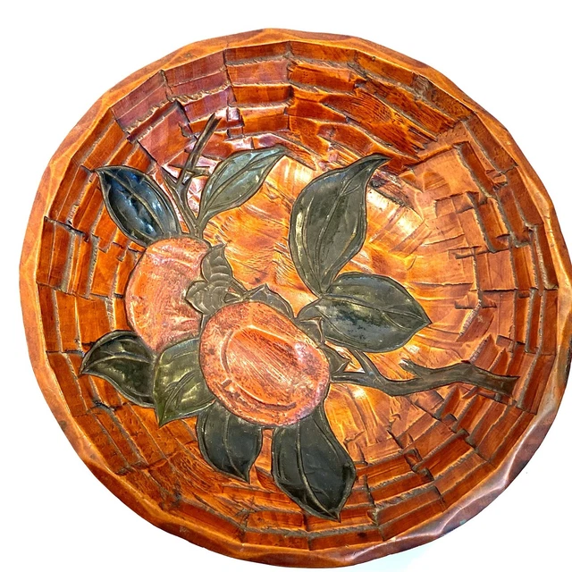 Wooden Carved Platter/ Bowl Vintage Fruit 9 1/2” X 2”
