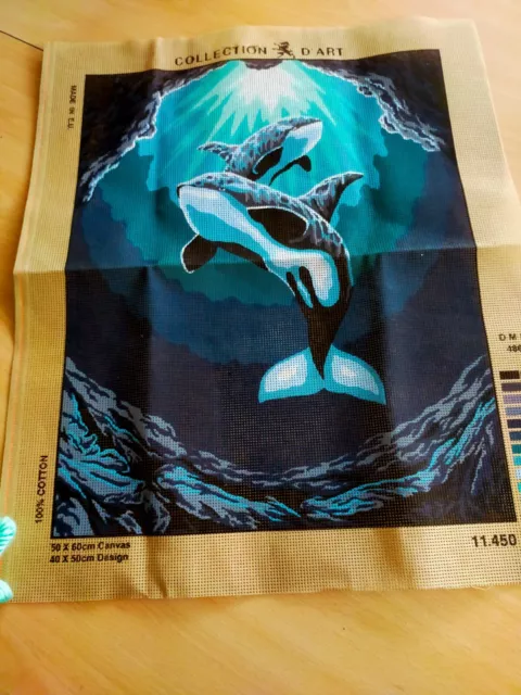 BEAU CANEVAS BALEINES BLEUES AVEC SES 66  ECHEVEAUX  BRODERIE COLLECTION 60x50CM