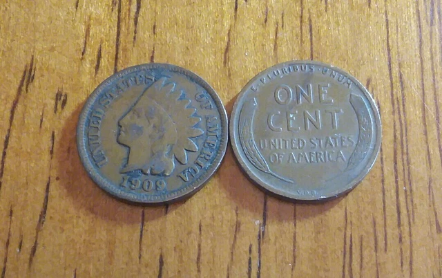 1909 Vdb Wheat Cent & 1909 Indian ! Last & 1St Yr. ! Old Us Coins !