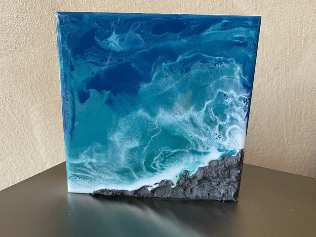 Resin Kunst Strandbild mit Fels und Meer Türkis Deko maritim