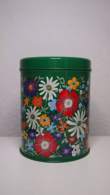 Vintage Blechdose Wiesenblumen grün rund Tee Kaffee Retro Mid Century 60s 70s