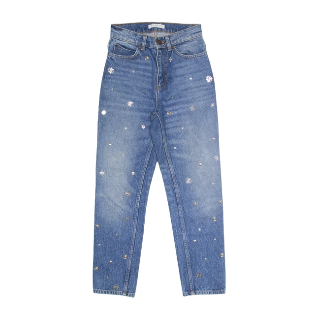 Jeans SANDRO Paris floreali borchie blu denim slim pietra lavati da donna W26 L30