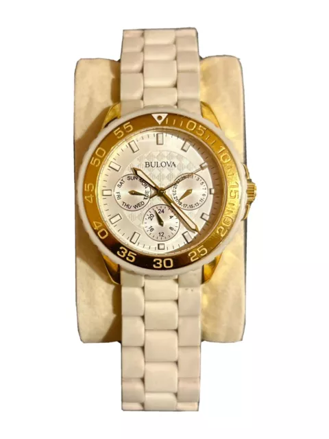 Bulova Ladies Marine Star Silver Dial White Poly & Gold Steel Watch 98N102