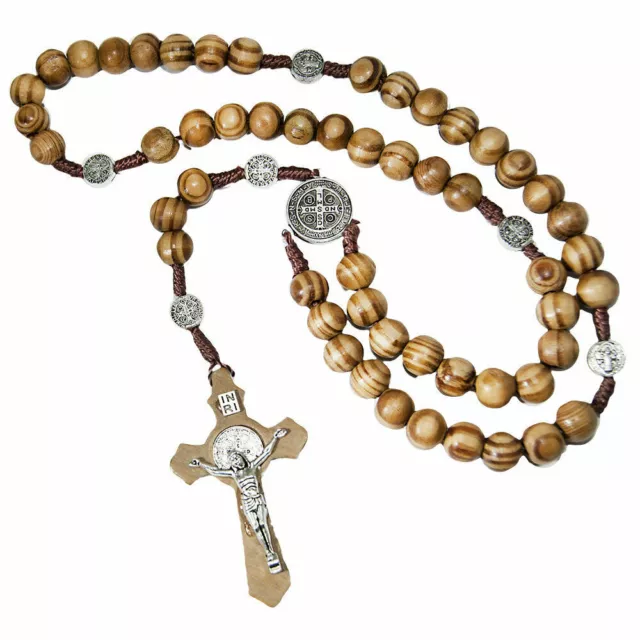Benedict Olive Wood St Rosary Beads Cross Catholic Bracelet Prayer Necklace Gift