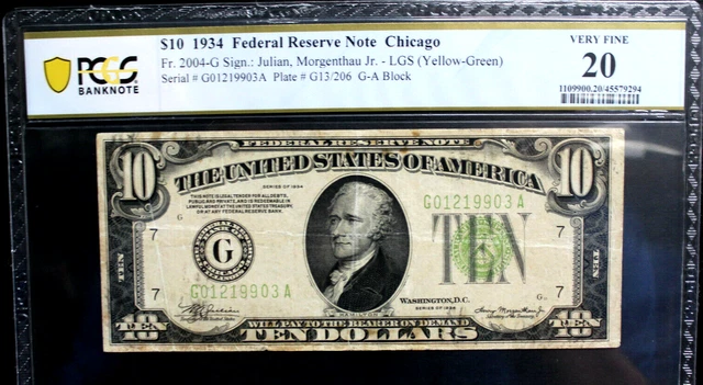 $10 1934 Lgs Federal Reserve Note Chicago Pcgs 20 Very Fine Nice Mid Grade