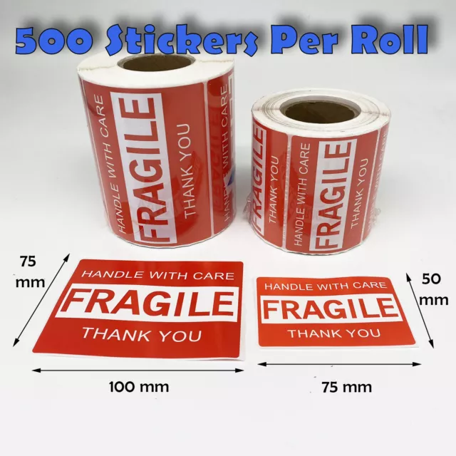 Fragile Handle With Care Stickers / Labels multiple sizes - 500pcs. Per Roll