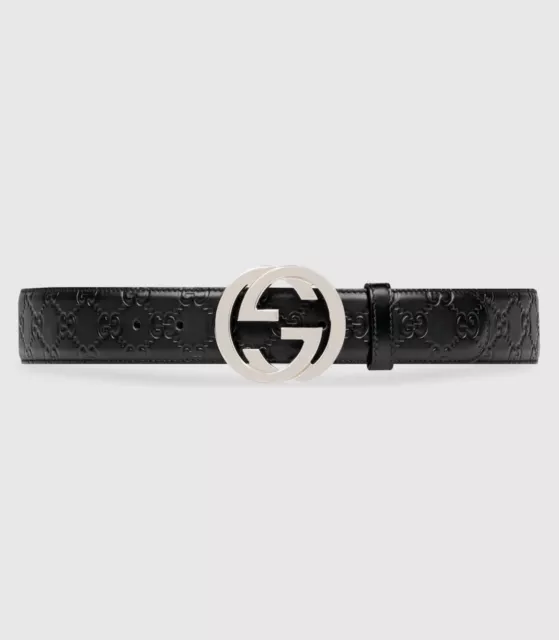 Gucci Mens Signature Gg Black Leather Interlocking Silver Belt