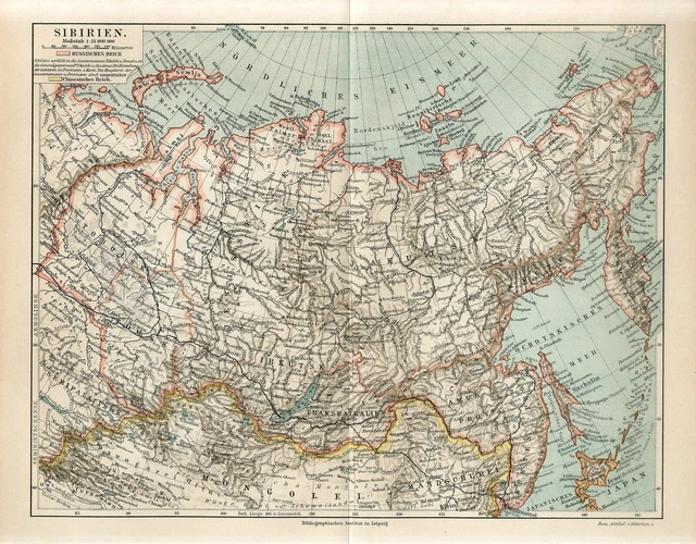 1895 RUSSIA SIBERIA TOMSK BAIKAL SAKHALIN KAMCHATKA MANCHURIA CHINA Antique Map