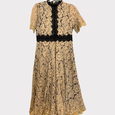 Vicky & Lucas Dress Women's Medium Taupe Black Romantic Lace Fit Flare