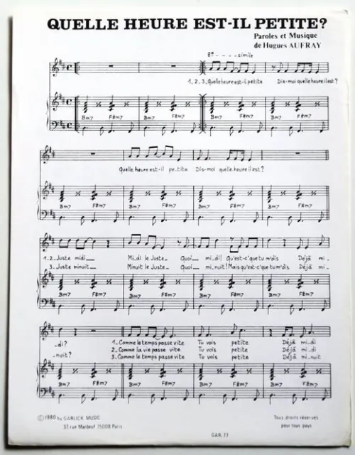 Partition vintage sheet music HUGUES AUFRAY : Quelle Heure Est-Il Petite? * 80's