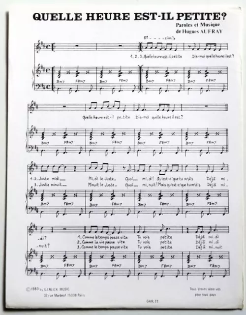 Partition vintage sheet music HUGUES AUFRAY : Quelle Heure Est-Il Petite? * 80's