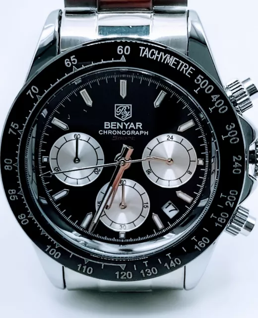 Benyar Styl Daytona Chronograph Schwarzes Ziffernblatt Luxus Quarz Herrenuhr