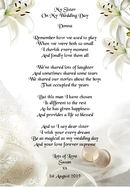 Gift Sister Of The Bride Poem A4 Photo