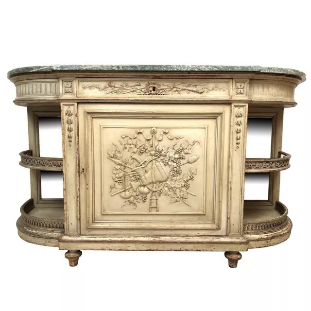 Buffet bas en demi-lune de style Louis XVI en bois laqué gris, plateau de marbre