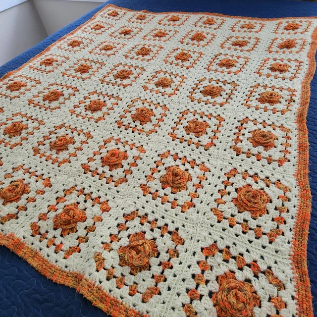 "Manta afgana cuadrada de colección hecha a mano 3D ROSAS naranja marrón 47"" x 56"