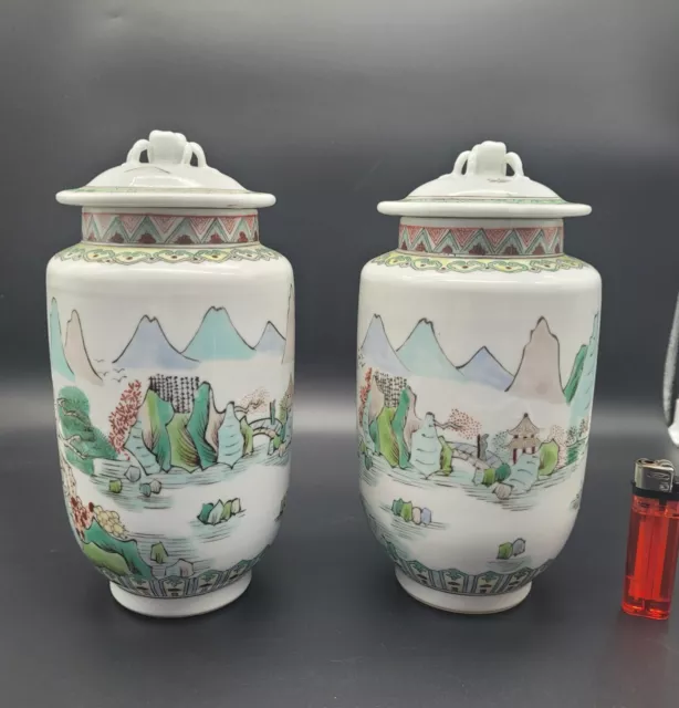 Antique / Vintage Chinese Famille verte pair of vase with lids early 20th centur