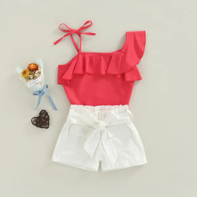 Toddler Kids Girls Summer Clothes One Shoulder Ruffle Tops + Shorts Outfits Set