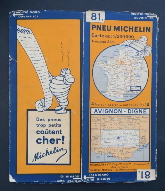 Carte MICHELIN old map n° 81 AVIGNON DIGNE 1930 Guide Bibendum pneu tyre