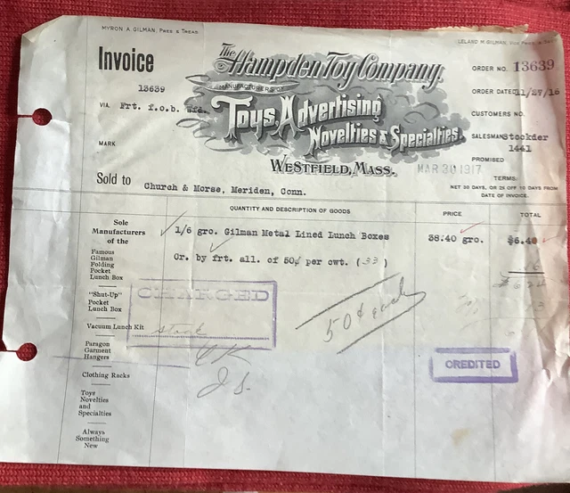 VINTAGE INVOICE LETTERHEAD bill head ephemera novelty Hampden TOYS