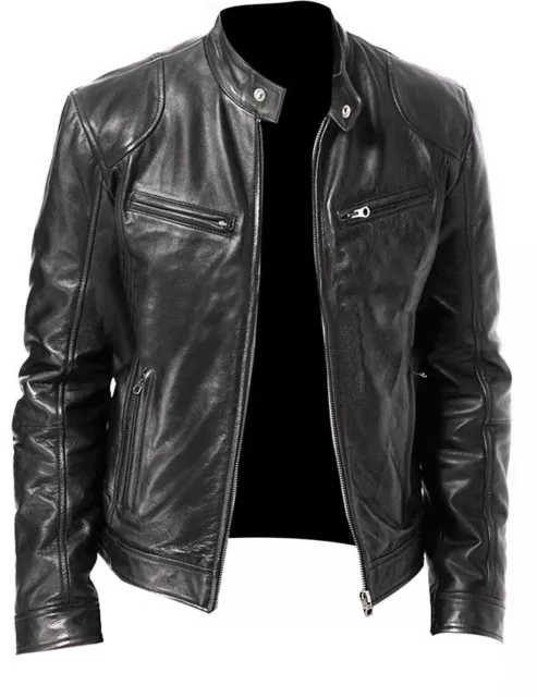 2023 Men's Slim PU Faux Leather Coat Black Slim Fit Biker Motorcycle Jacket New