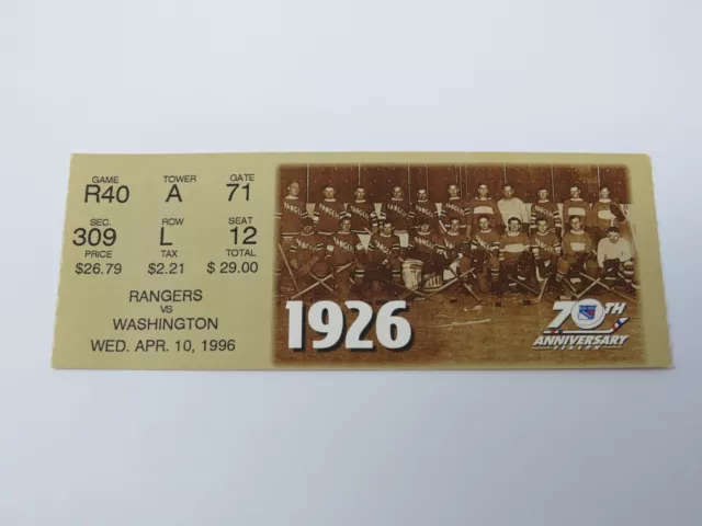 April 10, 1996 New York Rangers Vs. Washington Capitals NHL Hockey Ticket Stub