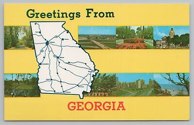 State View~Greetings From Georgia~Map & Photos~W/ Larger Cities~Vintage Postcard
