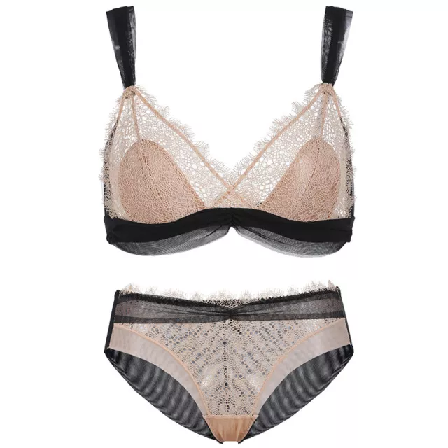 Ensemble chic, en dentelle noir peach, 2pcs shorty soutien gorge sans armatures