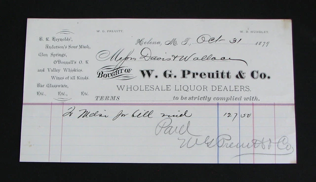 #154 - neat! 1879 W G PREUITT LIQUOR DEALERS / HELENA MONTANA TERRITORY billhead