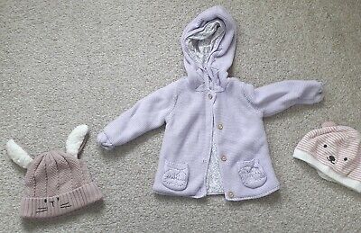 TU Baby Girl Purple Hooded Knitted Cardigan and hats bundle- 3-6 Months