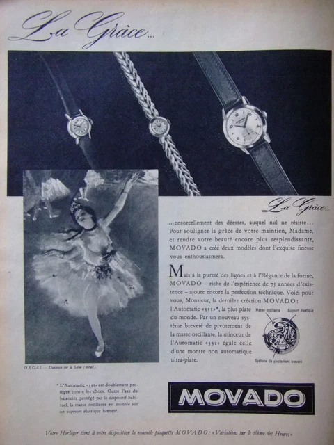 Publicité De Presse 1952 Montre Movado La Grâce Danseuse Degas - Advertising