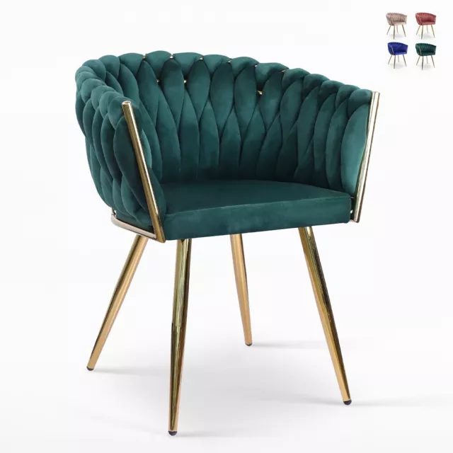 Butaca de diseño en terciopelo, silla con reposabrazos y patas doradas Versaille