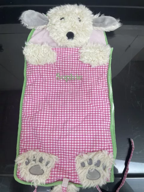 Pottery Barn Kids White Shaggy Head Dog DOLL Sleeping Bag Pink Gingham MONO