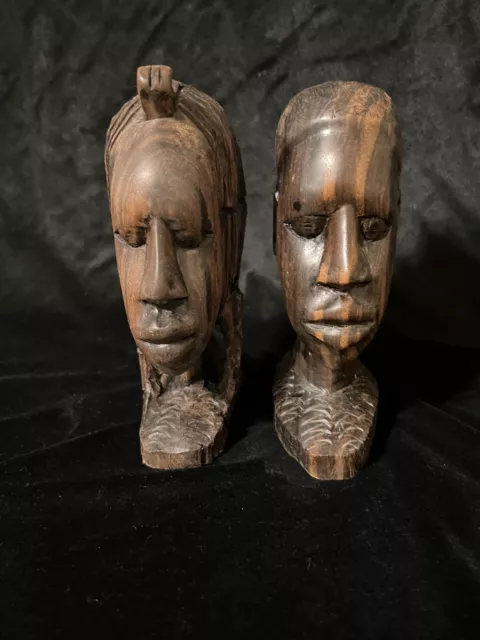 African Busts Pair of Hand Carved Fine Art Exquisite Wood Vintage Male & Female
