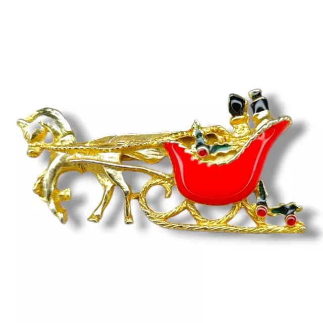 Vintage Santa Sleigh Brooch Red Multicolor Enamel Gold Toned Pin Christmas