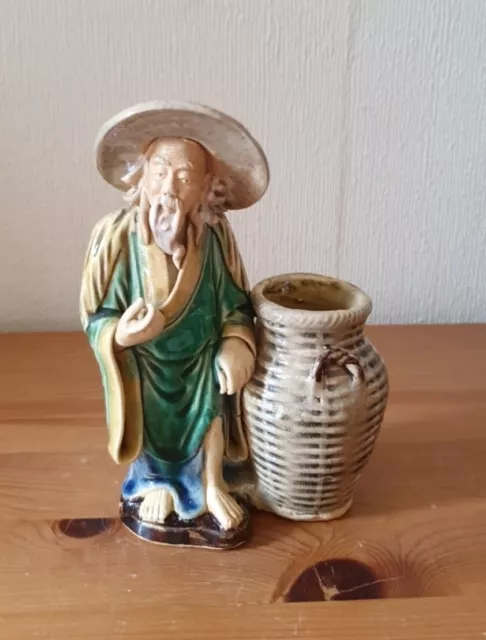 Vintage Chinese Shiwan Mudman Wise Man Standing Next To A Basket Figurine