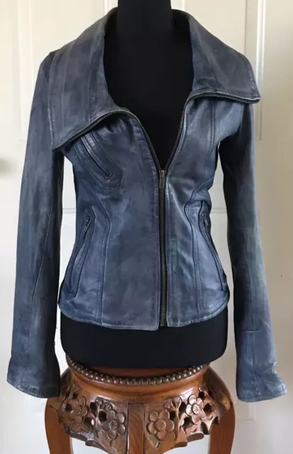 Vintage Firenze Blue Distressed Leather Jacket Asymmetrical Y2K Women Size IT 44