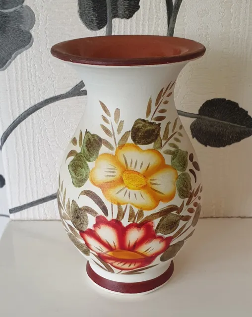 Studio Pottery Stoneware Vase Hand Painted Bright Red, Yellow Flowers Matt H6"