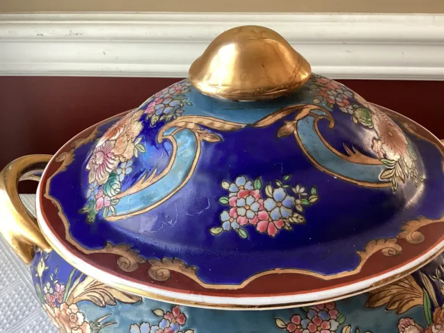 VTG Chinese Porcelain Tureen, Hand Painted, Royal Blue & Gold Floral, 12 3/4" L. 3