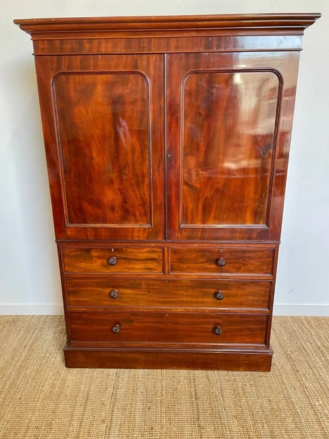 Mid 19th Century Antique English Mahogany Linen Press