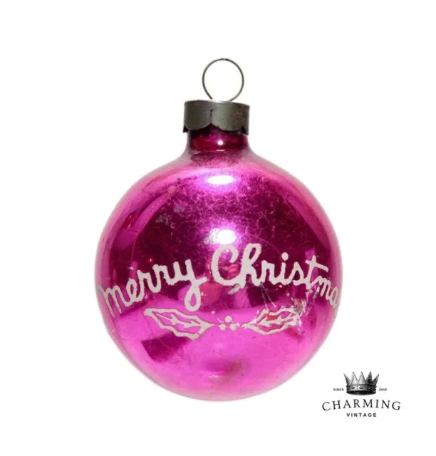 Vtg Pink SHINY BRITE "Merry Christmas" Stencil USA Ball Glass Christmas Ornament