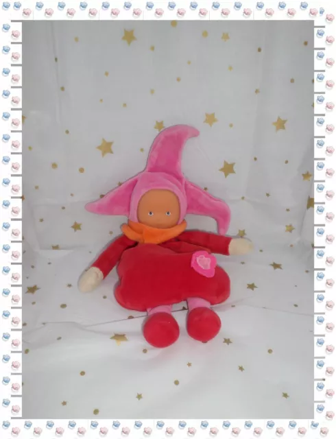 ⑫ - Doudou Poupée Lutin  Rose Fleur de Coton Grelot Bandana Orange Fleur Corolle