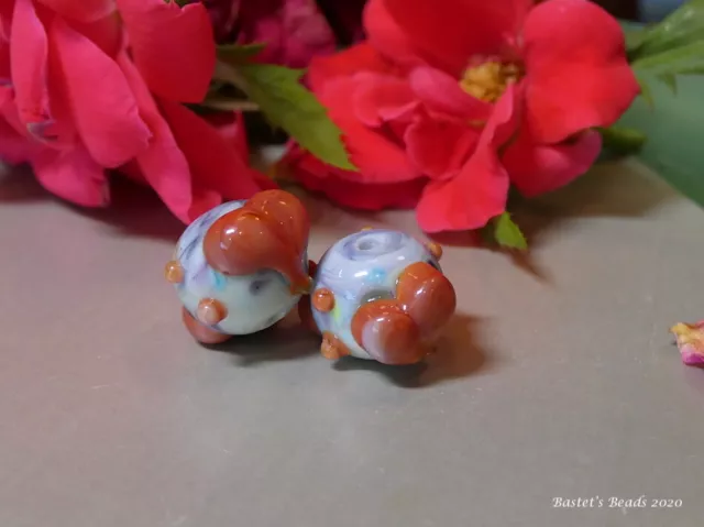 SALE Bastet's Beads- Watercolor Wild Hearts Handmade Lampwork Pair SRA