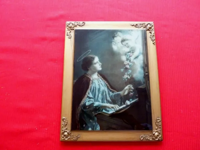 Antique St Cecilia Reverse Glass Picture w Cherub Angels in Gold Frame 14" x 11"