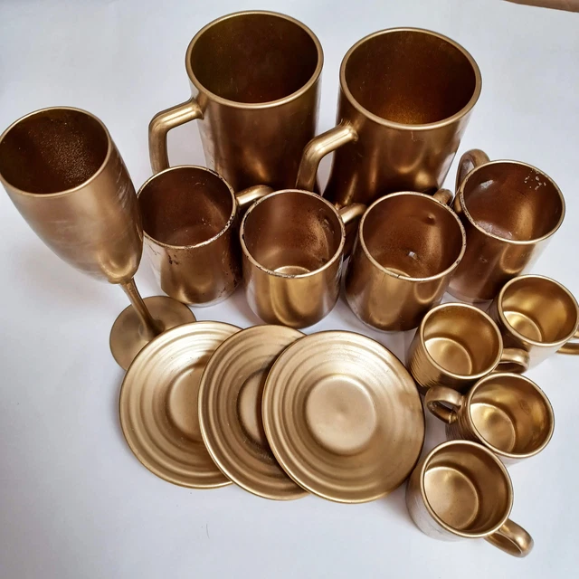 Job Lot of Antique Look Glass Mugs Golden Brass Polished Used Acceptable Job Lot of Antique Look Glass Mugs Golden Brass Polished Used Acceptable