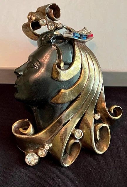 Unique French Art Deco Large Mix Metals Woman Face Brooch Pin
